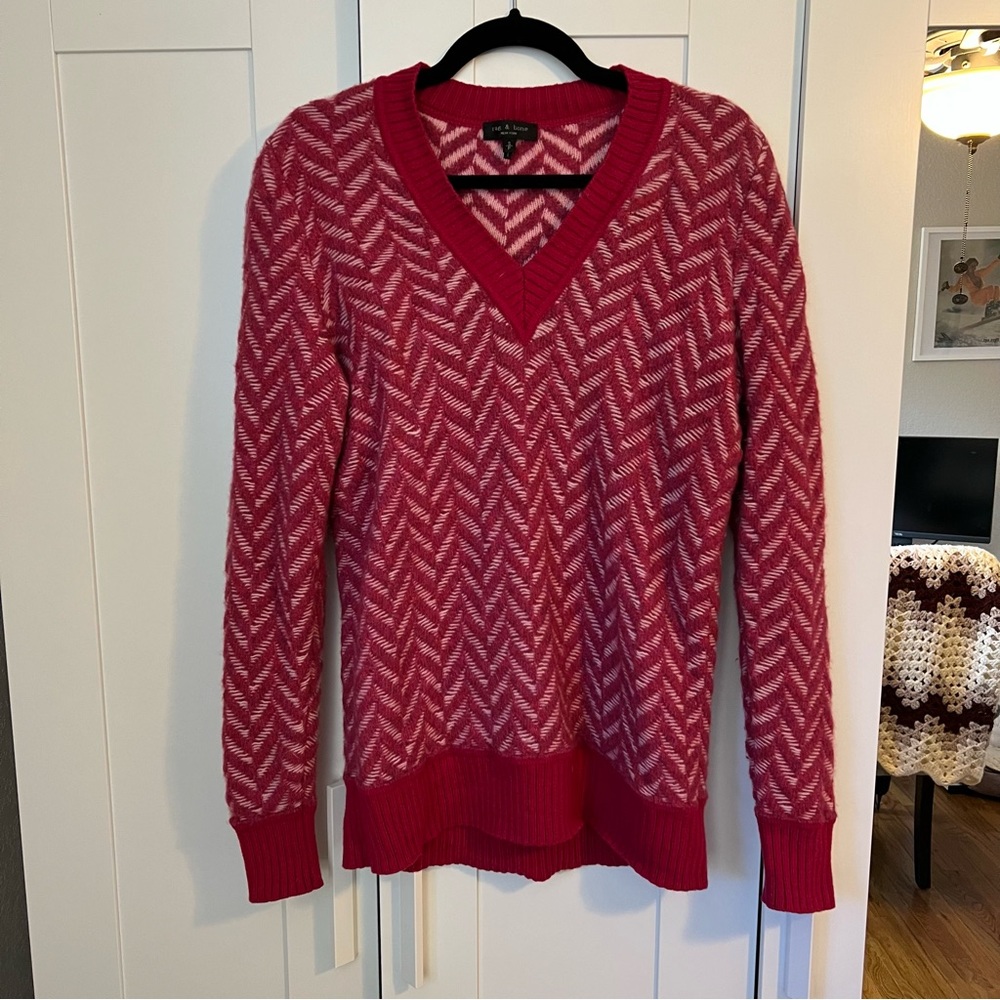 rag & bone Biata V-Neck Sweater, Sz S | Wool, Radish Pink - Picture 6 of 12